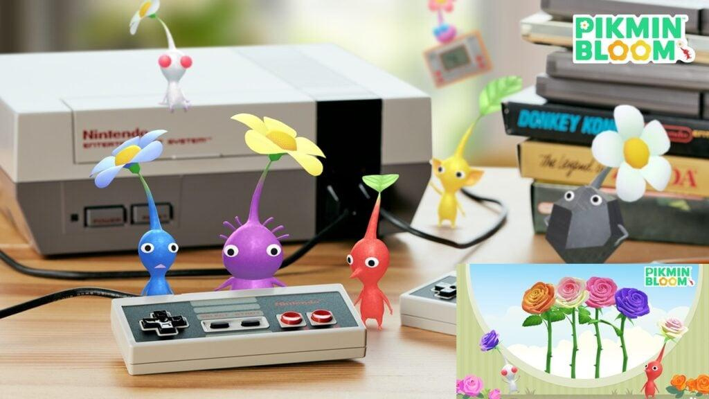 featured image for our news on Pikmin Bloom 3.5th anniversary. It shows Pikmin playing with classic Nintendo game consoles from the 80s and 90s.