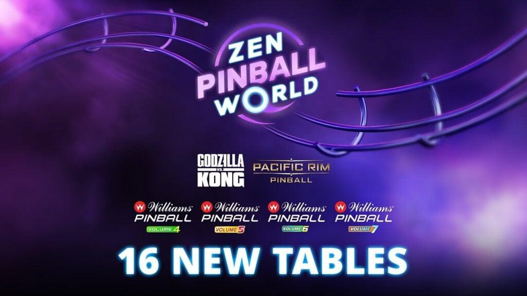 featured image for our news on Zen Pinball World 16 New tables. It has the logos of the game and the franchises of the new pinball tables.